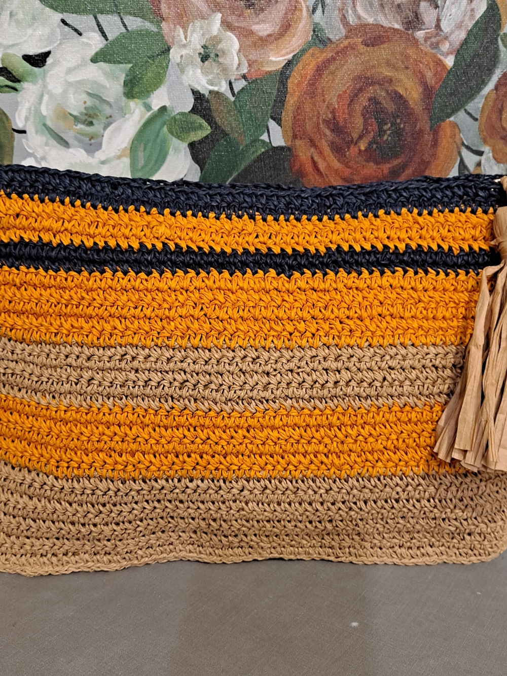 Zara Home Striped Crochet Large  Clutch in Orange, Tan & Navy Paper Straw